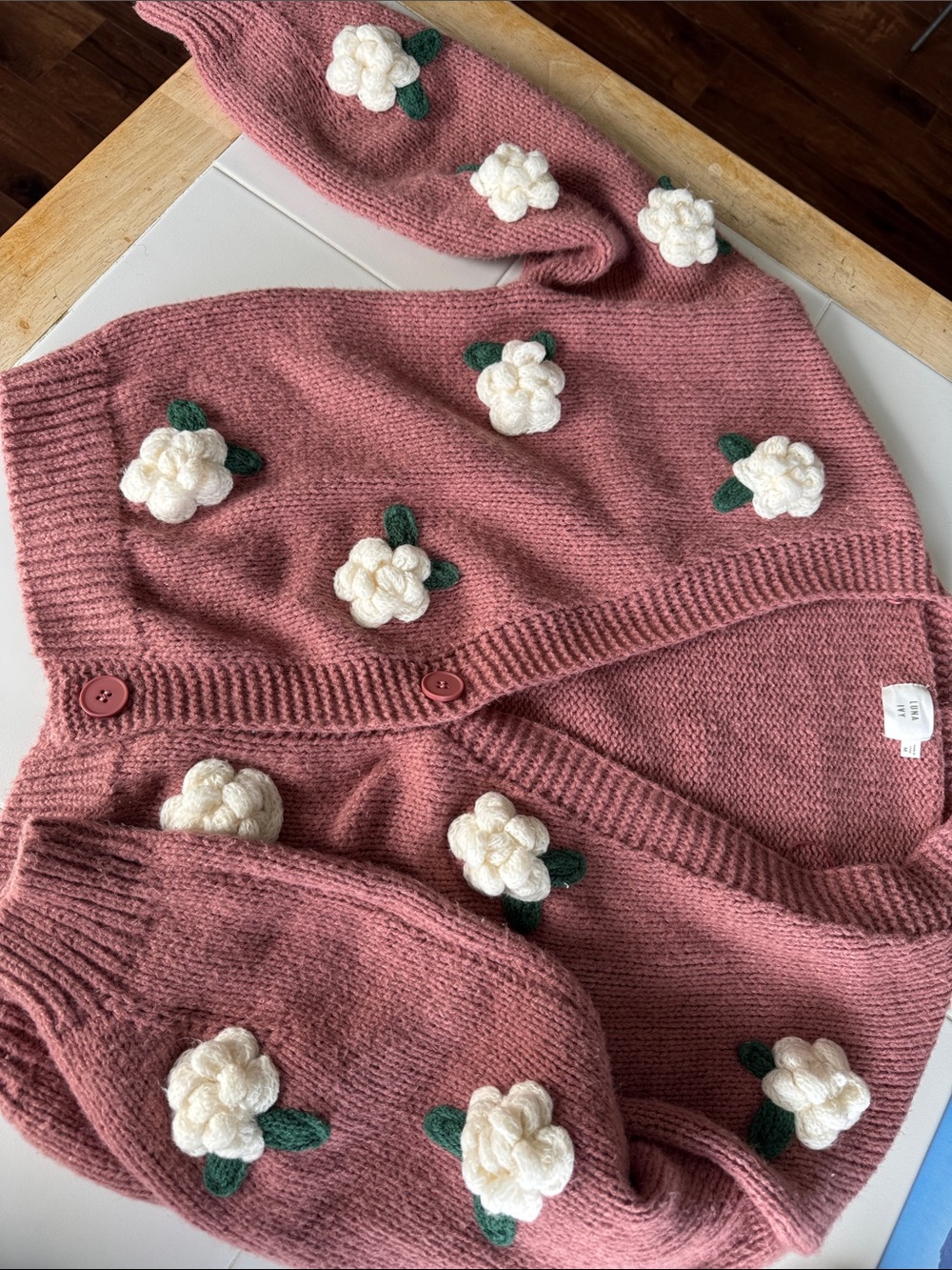 Pink Floral Appliqué Knit Cardigan Sweater